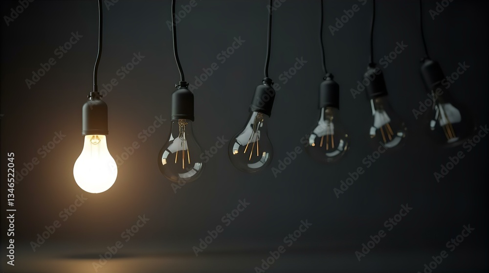 Bright Illuminated Light Bulb in Row of Dark Unlit Bulbs Hanging Moody Dark Style Idea Inspiration Innovation Creativity Solutions Think Bulb Concept Bright Illuminated Light Bulb in Row of Dark Unlit Bulbs Hanging Moody Dark Style Idea Inspiration Innovation Creativity Solutions Think Bulb Concept