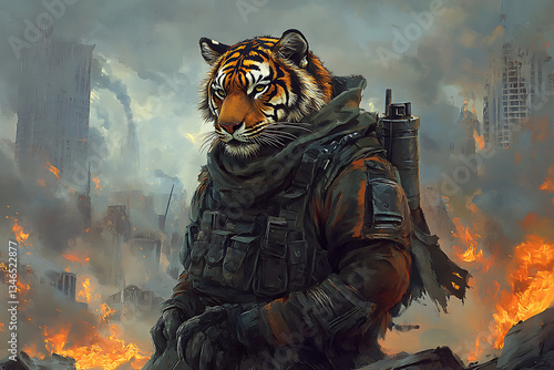 A fierce tiger wearing military gear stands confidently in a war-torn cityscape, smoke and flames rising