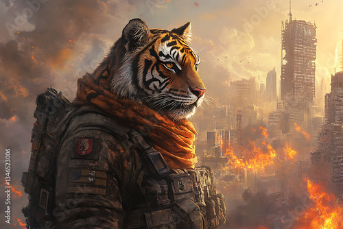 A fierce tiger in military gear stands amidst a dystopian cityscape engulfed in flames