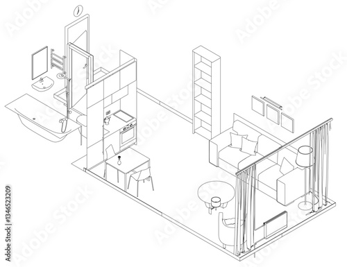 A room with a desk, a couch, a chair, a table, and a television. The room is designed to be functional and comfortable. Isometric view