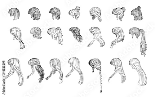 A collection of different hairstyles, including a ponytail, a bun, and a bob. The hairstyles vary in length and style, and they are all drawn in black and white. Side view