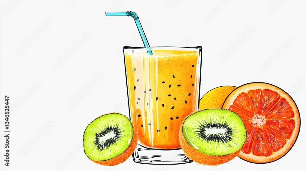A vibrant glass of orange juice with kiwi and blood orange slices, featuring a straw, exuding freshness and summer vibes. A vibrant glass of orange juice with kiwi and blood orange slices, featuring a straw, exuding freshness and summer vibes.