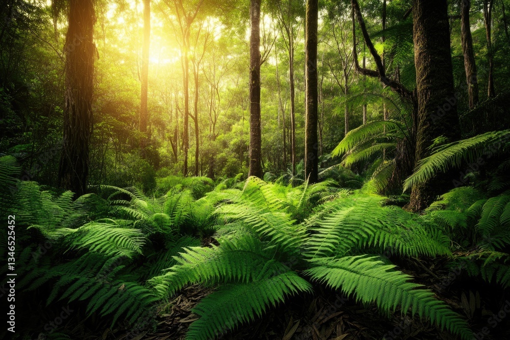 Fototapeta premium Lush fern fronds blanket the ground of a vibrant forest, creating a serene atmosphere.