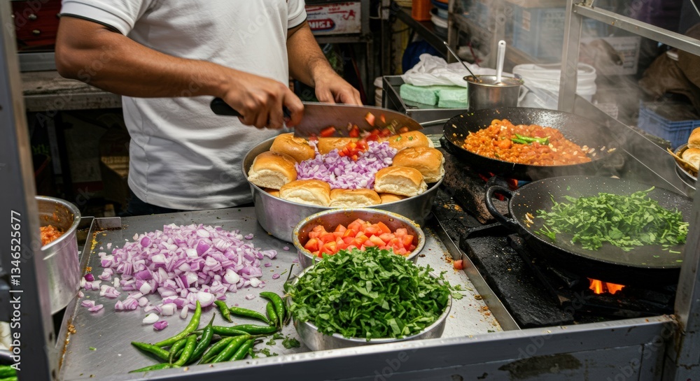 Obraz premium Street Food Vendor Cooking and Chopping Fresh Ingredients Amid Lively Market Scene