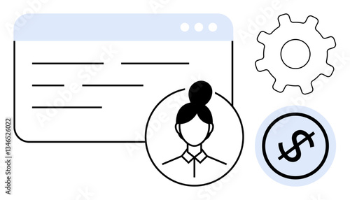 Dashboard screen, profile avatar, gear icon, and dollar sign suggest system settings, user customization, and monetary management. Ideal for tech, finance, user settings app interface profile