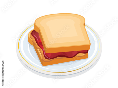 Peanut butter and jelly sandwich on a plate vector illustration. Toasted bread with peanut butter and jam icon isolated on a white background