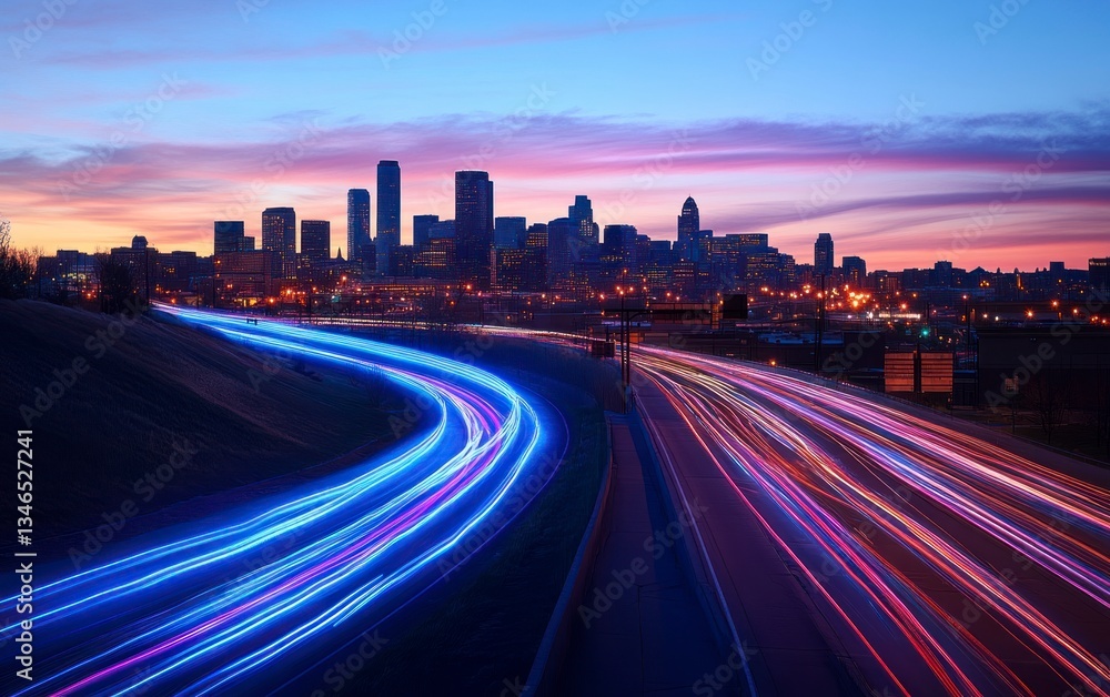 Fototapeta premium City Skyline with Light Trails at Sunset Capturing Urban Mobility