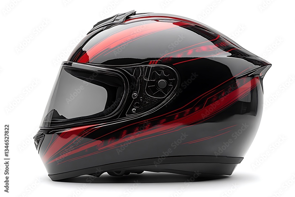 Fototapeta premium Red and Black Motorcycle Helmet with Visor, Sporty Design, 3/4 View