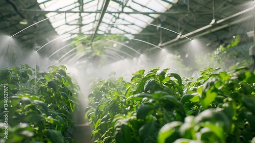 Automated overhead irrigation system in a leafy greens greenhouse, with misters providing gentle watering