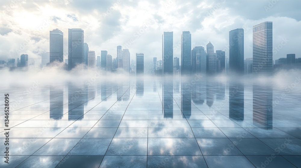 Foggy city skyline reflected on plaza Foggy city skyline reflected on plaza