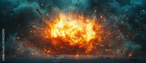 A large explosion is depicted in the image, with a lot of fire and debris