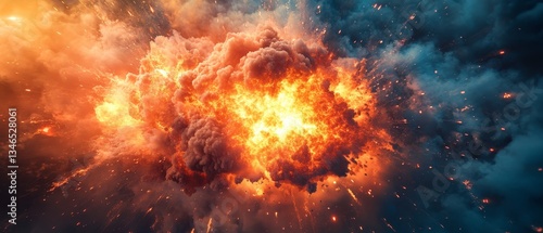 A fiery explosion in space with a cloud of smoke and fire