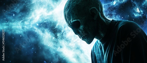 A man with a skull on his face is standing in front of a blue sky