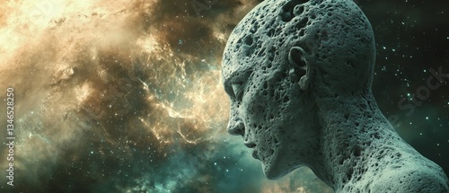 A headless figure is shown in a space filled with stars and clouds