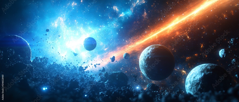 Obraz premium A space scene with a bright blue background and orange streaks in the sky