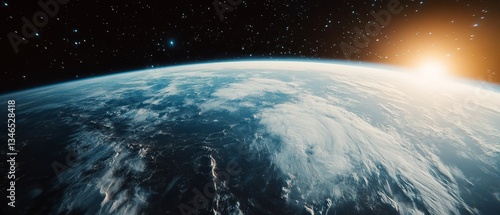 A view of the Earth from space, with the sun rising in the background