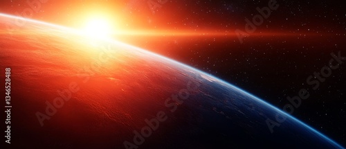 A planet with a sun shining on it