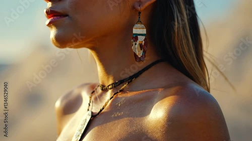 Close Up Fashion Accessories Woman Showcasing Colorful Earrings and Necklace Elegantly