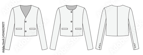 Women's cropped blazer, Jacket, Fashion Flat Sketch Vector Illustration, CAD, Technical Drawing, Flat Drawing, Template, Mockup.