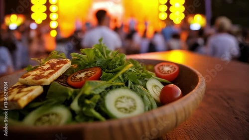 Ensalada fresca con queso dorado en festival gastronómico al aire libre