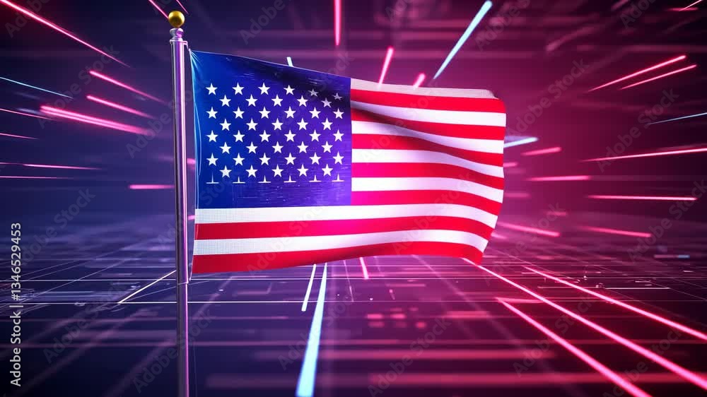 A holographic American flag floating in a futuristic digital space with shimmering effects.