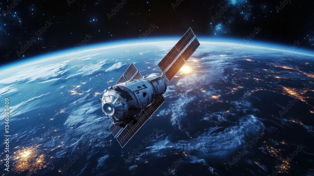 A Satellite Is Orbiting Earth Above a Star Filled Universe
