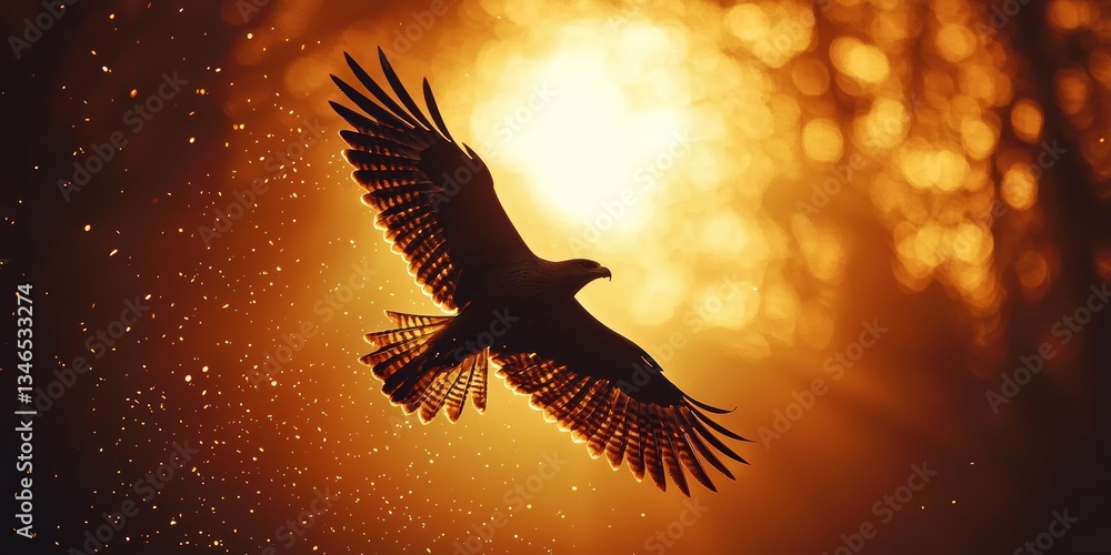 Fototapeta premium Majestic Hawk Soaring Silhouette with Sparkling Effects in Flight Background, 8k Resolution