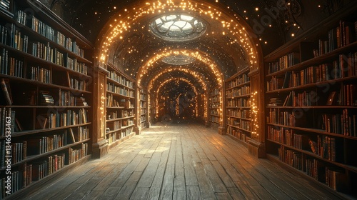 Wallpaper Mural Enchanting library hall; bookshelves, arched hallway, magical lights Torontodigital.ca