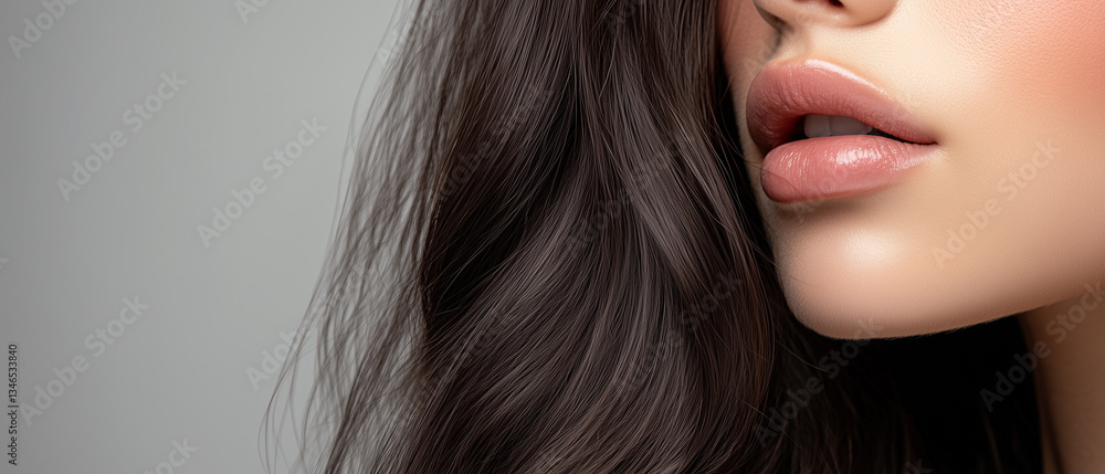 Close-up of a woman's lips and hair, smooth skin and soft lighting highlight beauty details.
