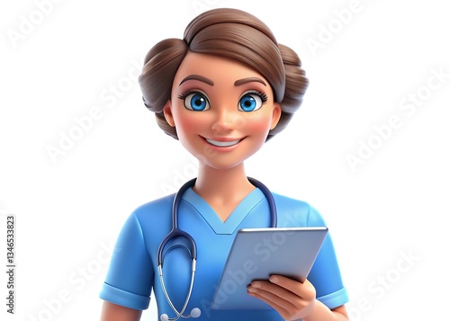 A friendly cartoon nurse confidently holds a tablet, ready to assist patients with a bright smile and digital healthcare solutions in a 3D rendering.
