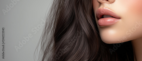 Obraz na płótnie Close-up of a woman's lips and hair, smooth skin and soft lighting highlight beauty details. w salonie