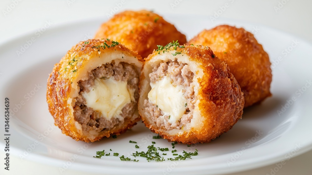 Crispy fried meatballs stuffed with melted cheese, garnished with parsley on a white plate. Crispy fried meatballs stuffed with melted cheese, garnished with parsley on a white plate.