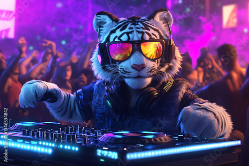 A vibrant party scene featuring a DJ tiger in sunglasses mixing music for an energetic crowd