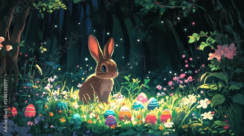 Easter bunny amidst colorful eggs and flowers in a whimsical forest scene. AI generated
