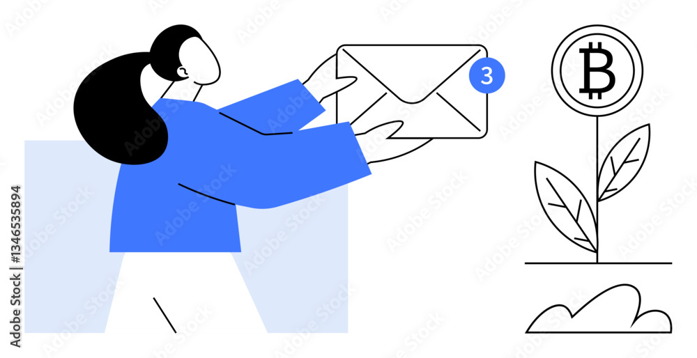 Fototapeta premium Woman holding an email envelope with a 3 notification. Nearby, a Bitcoin plant with leaves symbolizes investment, innovation, online communication, cryptocurrency, technology, growth, and finance