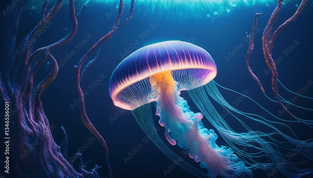 Fototapeta premium Translucent blue jellyfish float underwater in the dark ocean, their tentacles glowing abstractly in the marine life