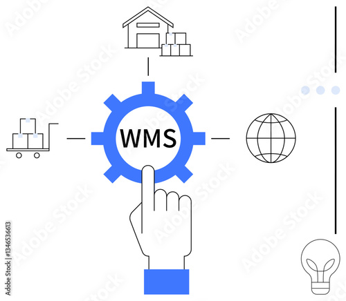 Hand pointing to gear labeled WMS, surrounded by warehouse, cart, globe, and light bulb icons. Ideal for supply chain, logistics, automation, technology innovation global trade flat simple