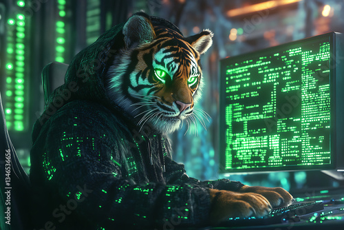 A cybernetic tiger in a hoodie sits at a computer, surrounded by green code in a futuristic setting