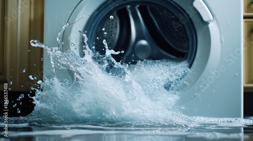 Washing machine is leaking water onto the floor, indoor shot. Perfect for illustrating home disasters, repairs, or appliance problems.