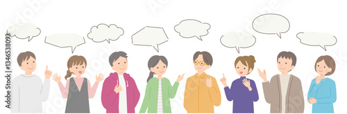 様々な意見を出し合う8人の男女のイラスト
