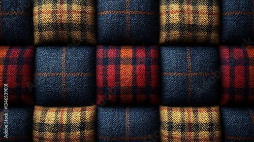 Vintage-Style Gingham Plaid Fabric Featuring Rustic Colors And Woven Cotton Design image