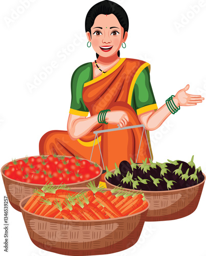 Indian Female Vegetable Seller Vector Illustration