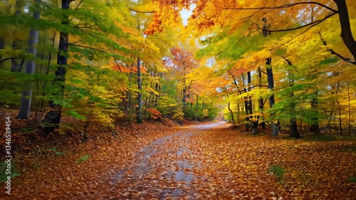 Vibrant autumn landscape with colorful leaves along serene path through majestic trees.