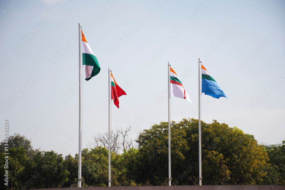 Aerial view landscape and Flags of New delhi city from Select City Walk shopping centre at Saket District Center in New Delhi, India Aerial view landscape and Flags of New delhi city from Select City Walk shopping centre at Saket District Center in New Delhi, India