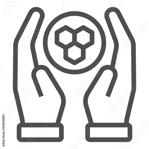 Hands holding DNA chain cells line icon, genetic research concept. Vector graphics. DNA chain in hands sign on white background, outline style icon for mobile or web design.