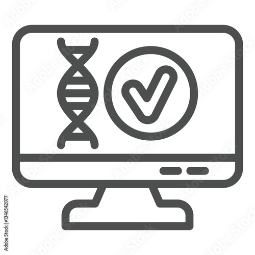 Monitor screen with DNA approval line icon, genetic research concept. Vector graphics. Display DNA chain test sign on white background, outline style icon for mobile or web design.
