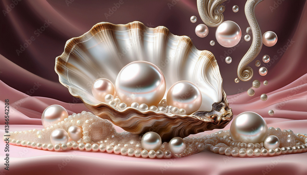 Beautiful Oyster Sea Shell filled with white shiny pearls on a light pink silk studio dreamy background Beautiful Oyster Sea Shell filled with white shiny pearls on a light pink silk studio dreamy background