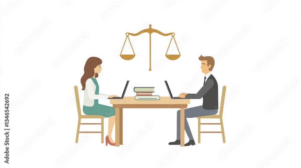 Fototapeta premium Businesspeople negotiating with scales of justice