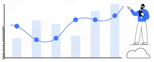 Bar graph with line chart showing fluctuating growth trend, analyst pointing and holding tablet. Ideal for data analysis, business strategy, finance, progress, market research, statistics, flat