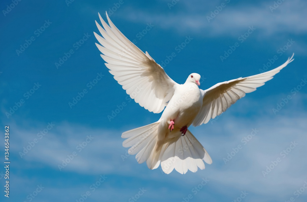 Obraz premium white dove soaring gracefully through a clear blue sky, symbolizing peace and freedom.